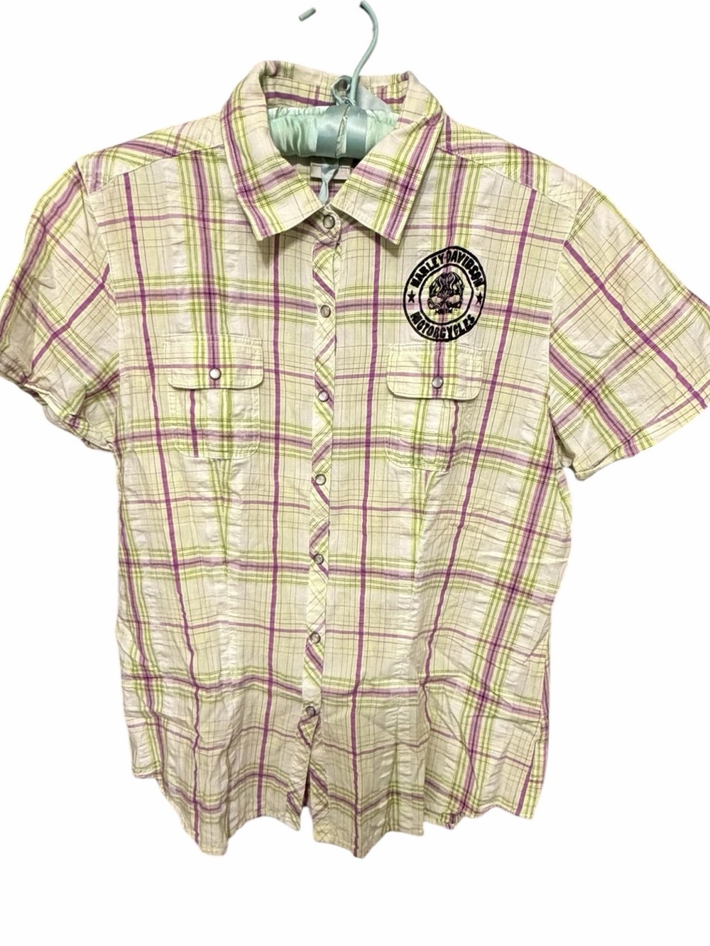 Harley--Davidson size large cream , purple & green plaid short sleeve  shirt